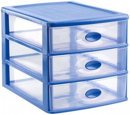 Forte Plastics Ladeblok bureau organizer met 3x lades blauw transparant L35 5 x B27 x H27 cm Ladeblok