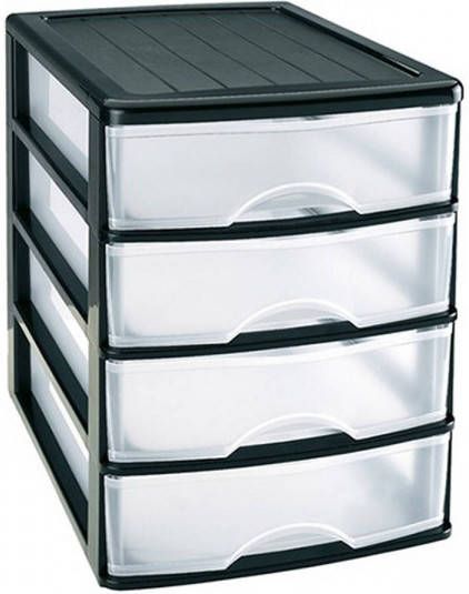 Forte Plastics PlasticForte Ladeblok bureau organizer met 4x lades zwart transparant L35 5 x B27 x H35 cm Ladeblok