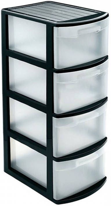 PLASTICFORTE Ladeblok bureau organizer met 4x lades zwart transparant L39 x B28.5 x H78 cm Opruimen opbergen laatjes