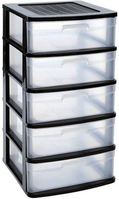 Forte Plastics Ladeblok bureau organizer met 5x lades zwart transparant L40 x B39 x H81 cm Ladeblok