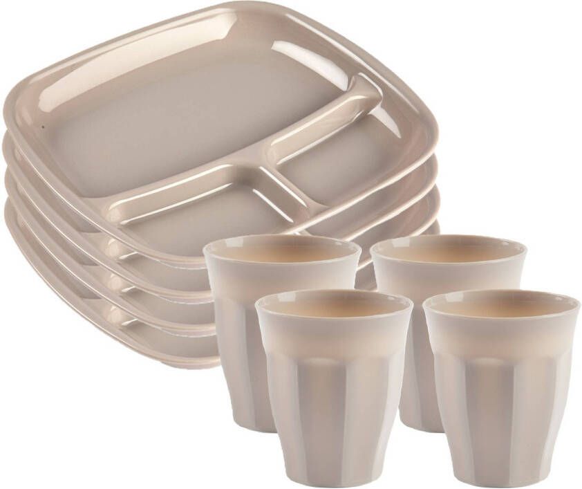 Forte Plastics Plasticforte camping servies van kunststof 4x vakjesborden en 4x drinkbekers beige onbreekbaar Gourmetborden