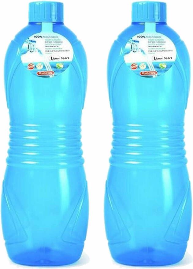 Forte Plastics Plasticforte Drinkfles waterfles bidon 2x 1000 ml transparant blauw kunststof Drinkflessen