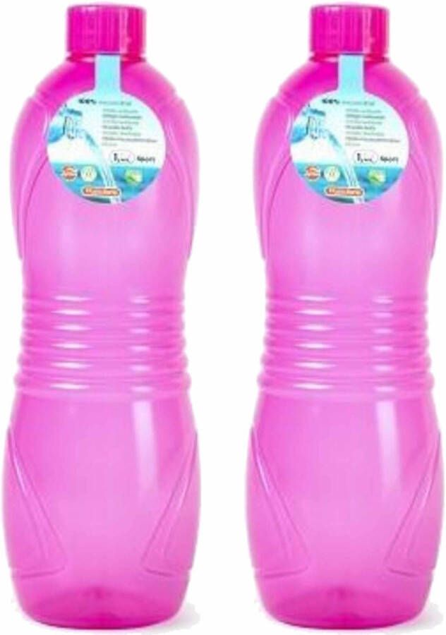 Forte Plastics Plasticforte Drinkfles waterfles bidon 2x 1000 ml transparant roze kunststof Drinkflessen