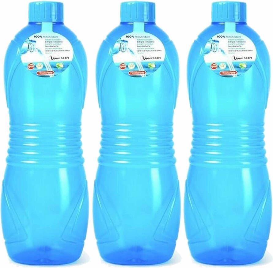Forte Plastics Plasticforte Drinkfles waterfles bidon 3x 1000 ml transparant blauw kunststof Drinkflessen