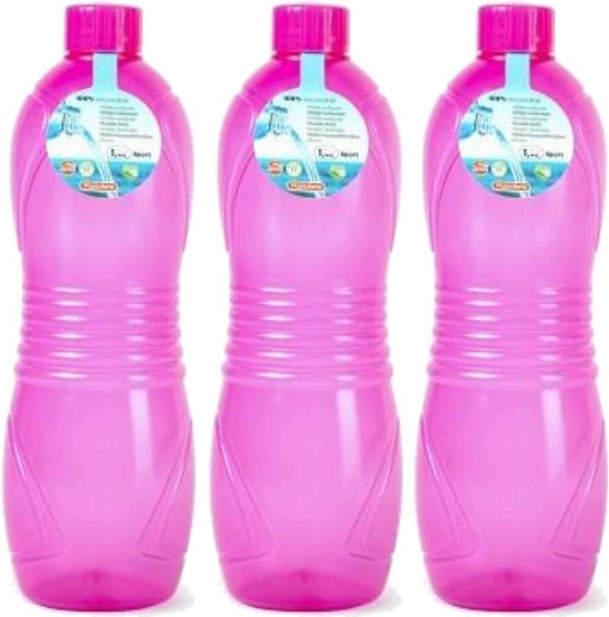 Forte Plastics Plasticforte Drinkfles waterfles bidon 3x 1000 ml transparant roze kunststof Drinkflessen