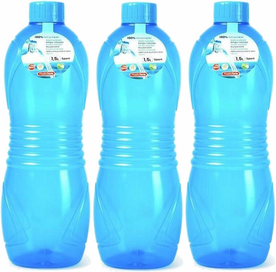 Forte Plastics Plasticforte Drinkfles waterfles bidon 3x 1500 ml transparant blauw kunststof Drinkflessen