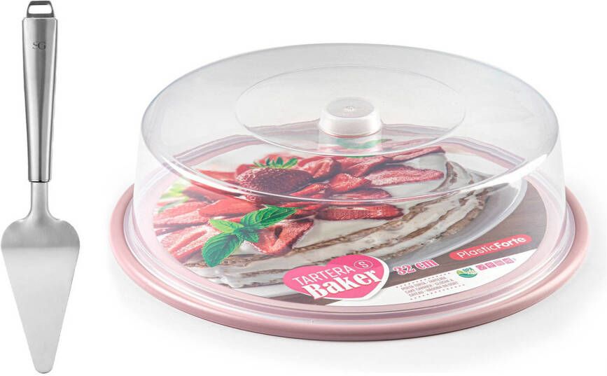 Forte Plastics Plasticforte Taart gebakjes bewaardoos rond dia 32 cm bodem roze met taartschep rvs 27 cm Taartplateaus