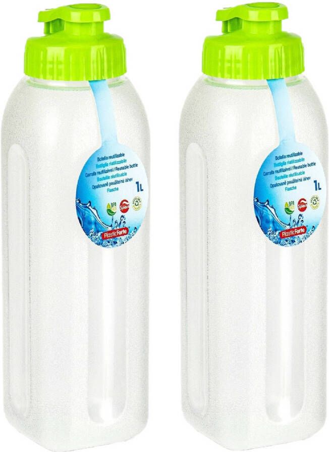 Forte Plastics PlasticForte Waterfles bidon 2x 1000 ml transparant groen kunststof Drinkflessen