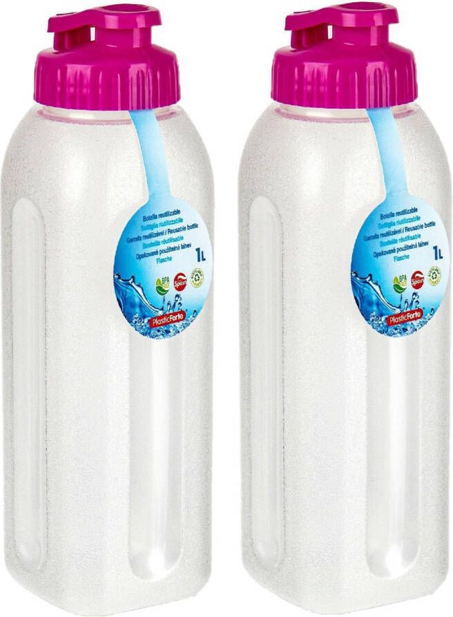 Forte Plastics PlasticForte Waterfles bidon 2x 1000 ml transparant roze kunststof Drinkflessen