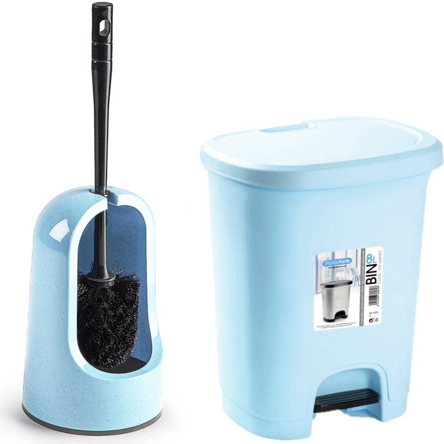 Forte Plastics WC- toiletborstel en houder lichtblauw met kleine pedaalemmer 8L Badkameraccessoireset
