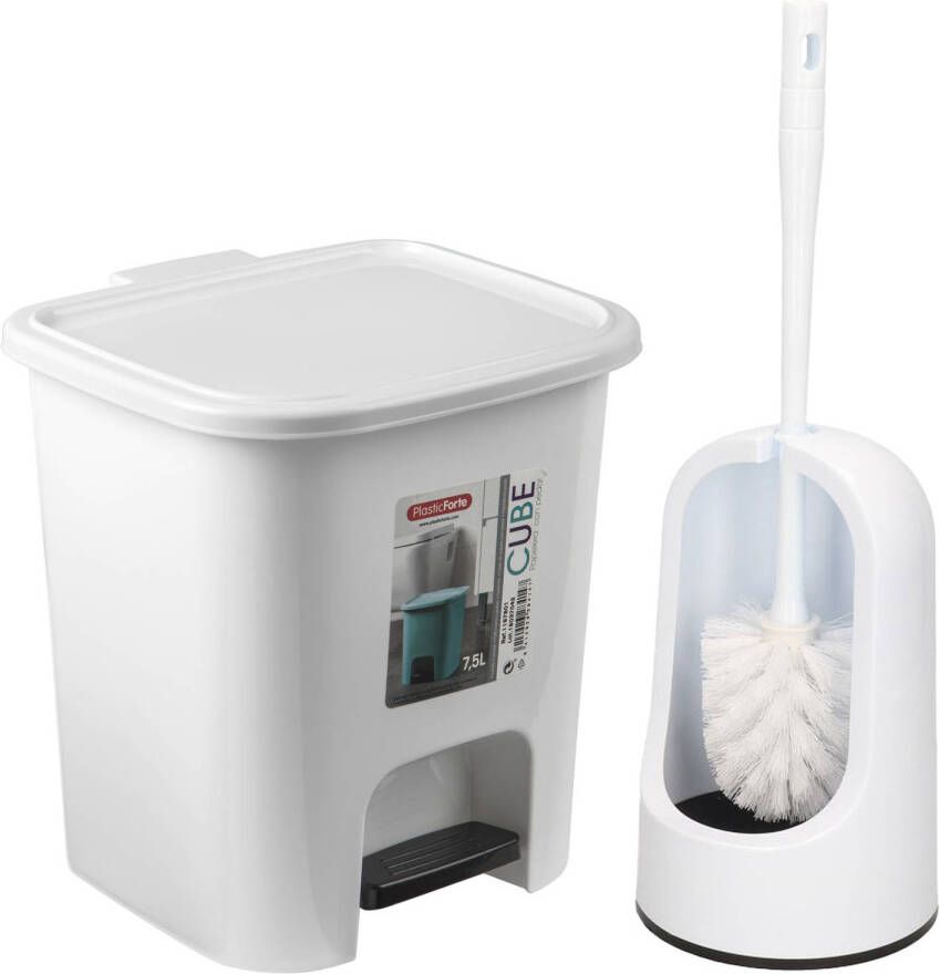 Forte Plastics WC- toiletborstel en houder wit met kleine pedaalemmer 7.5 liter Badkameraccessoireset