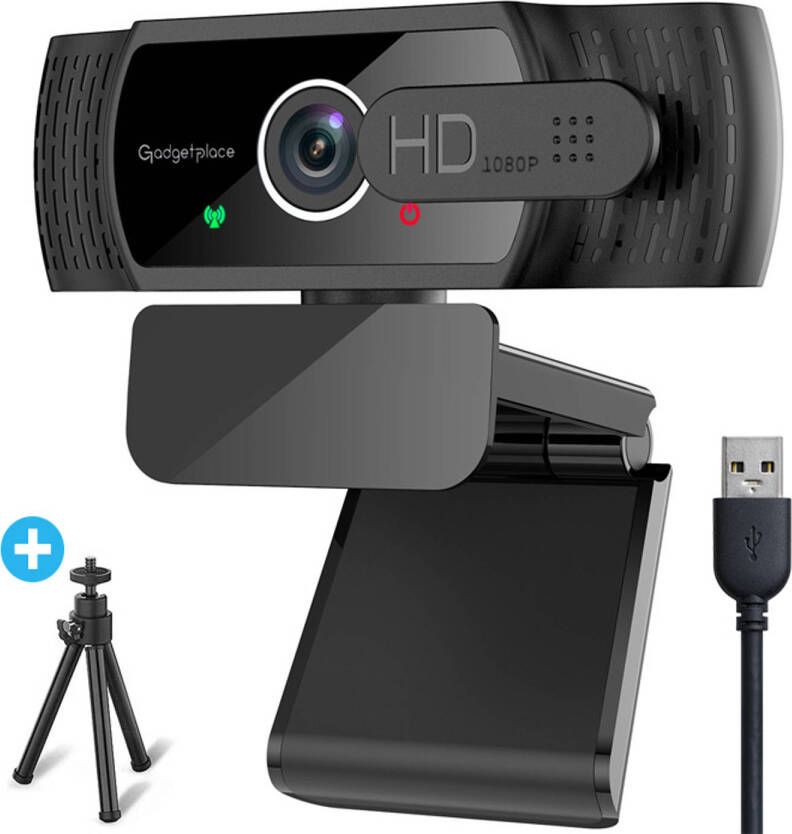 Gadgetplace Full HD Pro Webcam met Ruisvrije Microfoon Incl. Tripod en Webcam Cover 1080P Voor Laptop en PC Windows en Mac