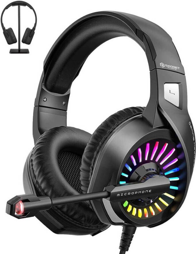 Gadgetplace Gaming Headset met Microfoon Inclusief Koptelefoon Houder LED Koptelefoon met Draad RGB Gaming Headset