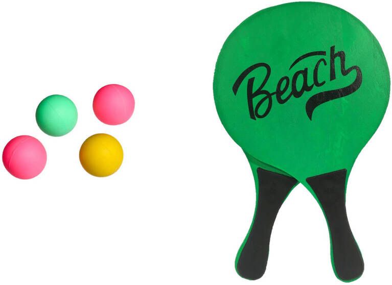 Gebro strand Beachball set hout groen strand sport speelset met 5x balletjes speelgoed kinderen en volwassenen