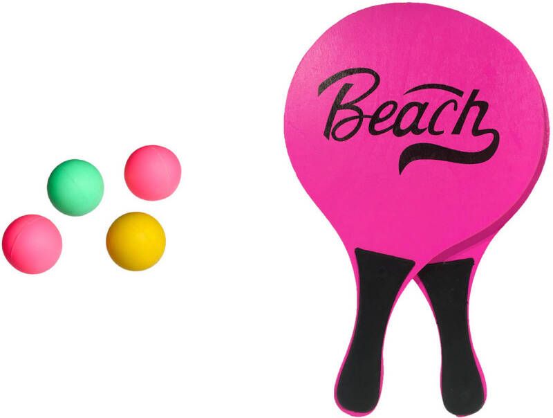 Gebro strand Beachball set hout roze strand sport speelset met 5x balletjes speelgoed kinderen en volwassenen