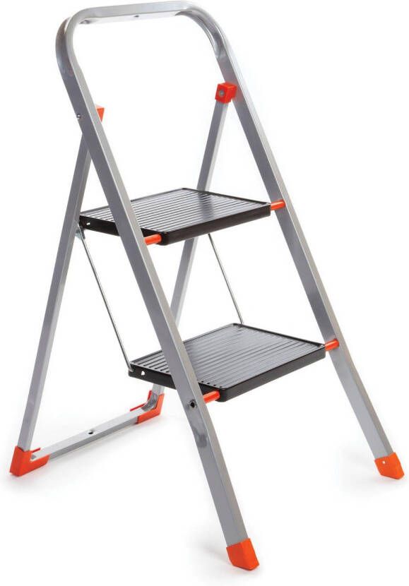 Toolland Stepix trapladder 2 treden inklapbaar huishoudtrap met hoge beugel antislipvoetjes en antislipprofiel op de twee treden epoxycoating metaal draagvermogen tot 150 kg