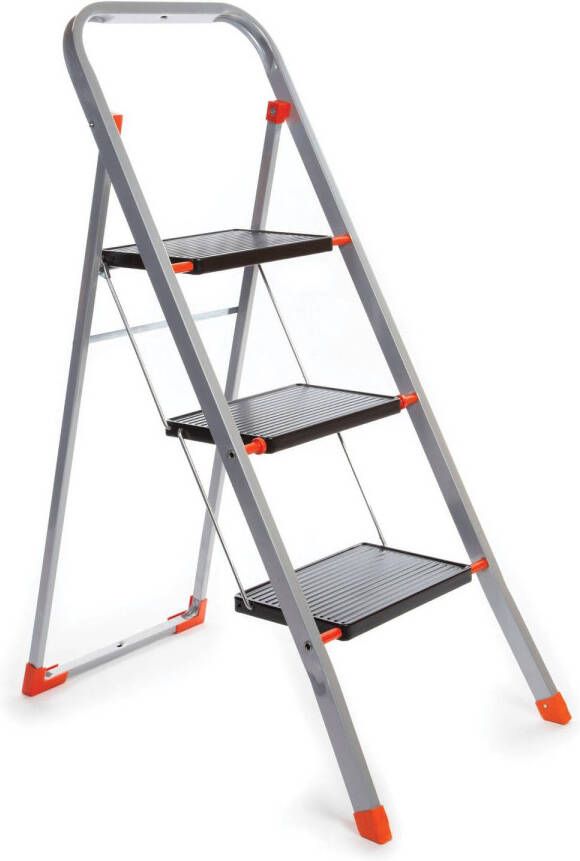 Toolland Stepix trapladder 3 treden inklapbaar huishoudtrap met hoge beugel antislipvoetjes en antislipprofiel op de twee treden epoxycoating metaal draagvermogen tot 150 kg