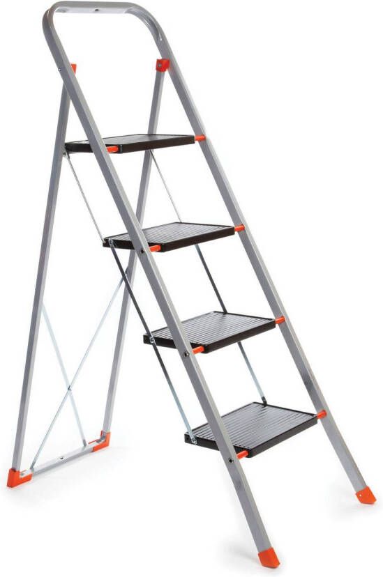 Toolland Stepix trapladder 4 treden inklapbaar huishoudtrap met hoge beugel antislipvoetjes en antislipprofiel op de twee treden epoxycoating metaal draagvermogen tot 150 kg