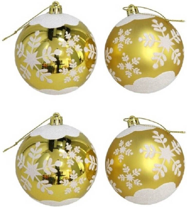 Gerim 4x Stuks Gedecoreerde Kerstballen Goud Kunststof 8 Cm Kerstbal