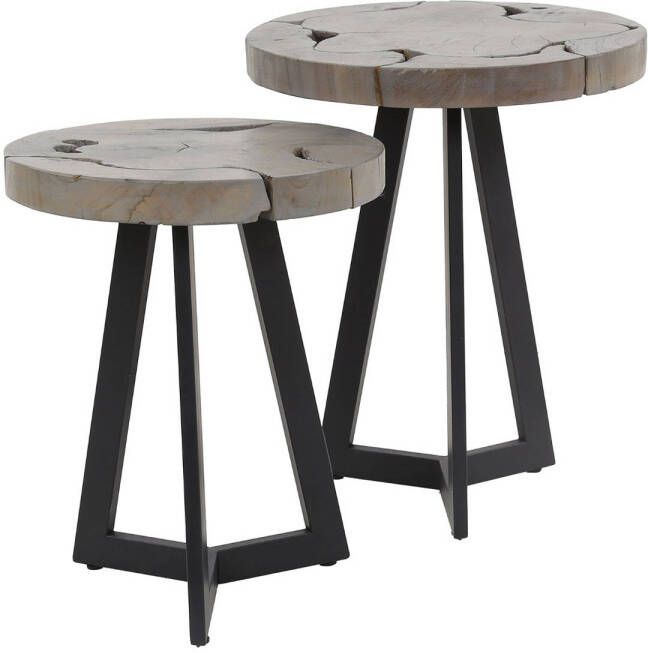 Giga Meubel Bijzettafel Rond Grijs Teakhout Set Van 2 40x40x50cm