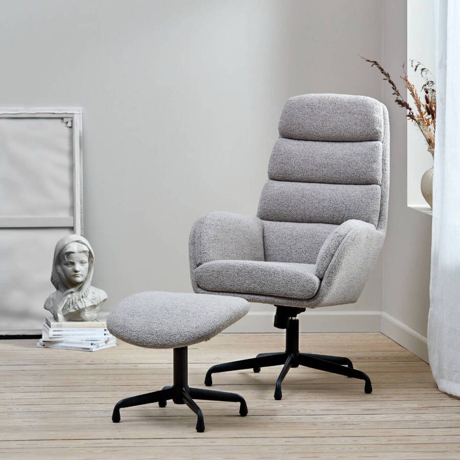 Giga Meubel Giga Living Fauteuil Bouclé Taupe Zwart Voetenbank 70x77x110cm Sifton