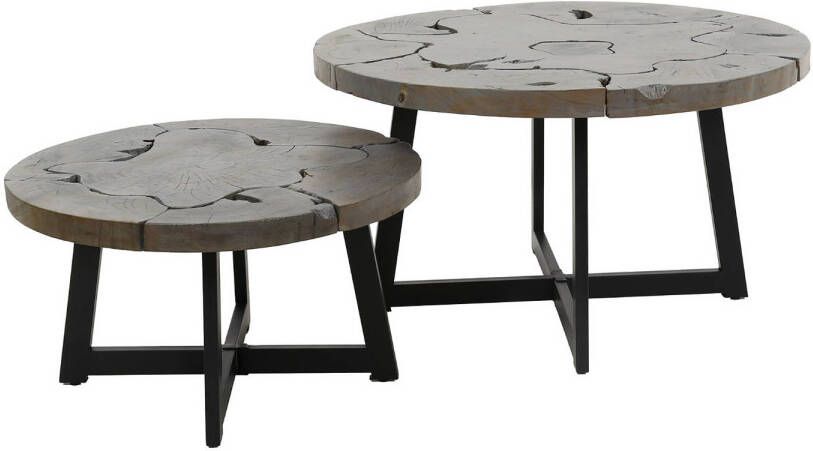 Giga Meubel Salontafel Rond Grijs Teakhout Set Van 2 80x80x45cm