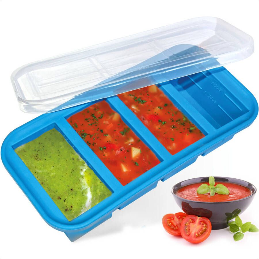 Goliving 4 in 1 Diepvriesbakjes Vershoudbakjes 4 x 250ml Meal Prep Bakjes Siliconen Bewaarbakjes met Deksel Vershouddoos Babyvoeding Diepvries en Magnetron Blauw