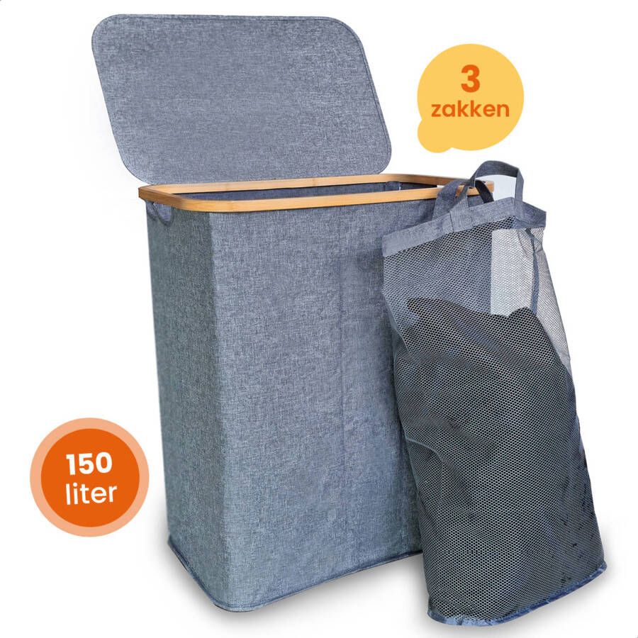 Goliving Wassorteerder 3 Vakken 150L Opvouwbare Wasmand Met Deksel 3 Uitneembare Zakken Met Kleurlabels 57 x 37 x 66 cm Grijs