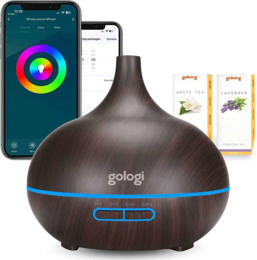 Gologi Slimme Aroma Diffuser 550ML Luchtbevochtiger LED verlichting Incl. 2 Etherische Oliën Donkerbruin