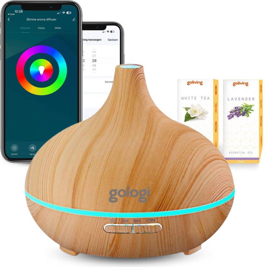 Gologi Slimme Aroma Diffuser 550ML Luchtbevochtiger LED verlichting Incl. 2 Etherische Oliën Lichtbruin