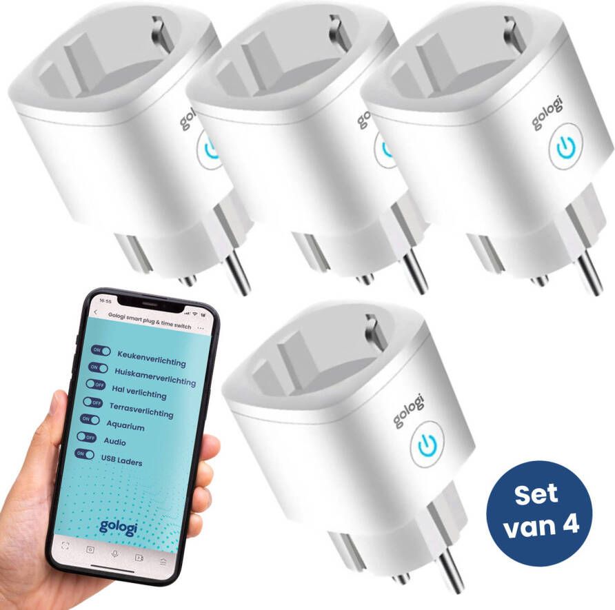 Gologi Slimme stekker Smart plug Tijdschakelaar & Energiemeter WIFI Google Home & Amazon Alexa 4 Stuks Wit