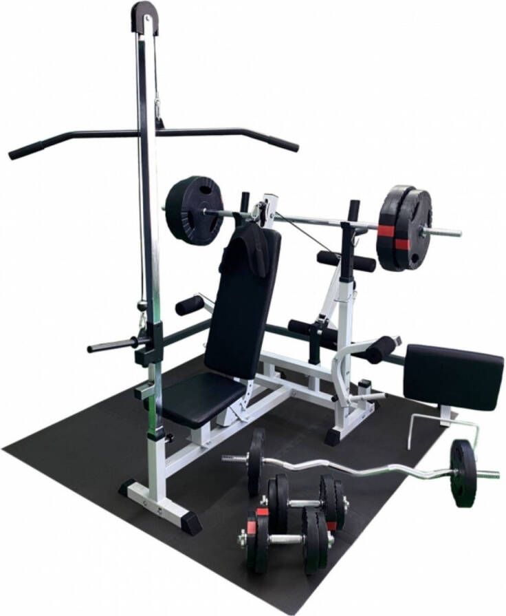 Gorilla Sports Fitnessbank Wit Met Gewichten 100 kg Lat Pulley Puzzelmat Complete Set Gripper Kunststof