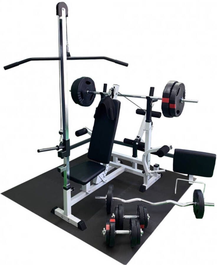 Gorilla Sports Fitnessbank Wit Met Gewichten 100 kg Lat Pulley Puzzelmat Complete Set Gripper Kunststof