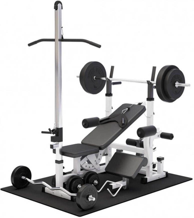 Gorilla Sports Fitnessbank Wit Met Gewichten 100 kg Lat Pulley Puzzelmat Complete Set Kunststof