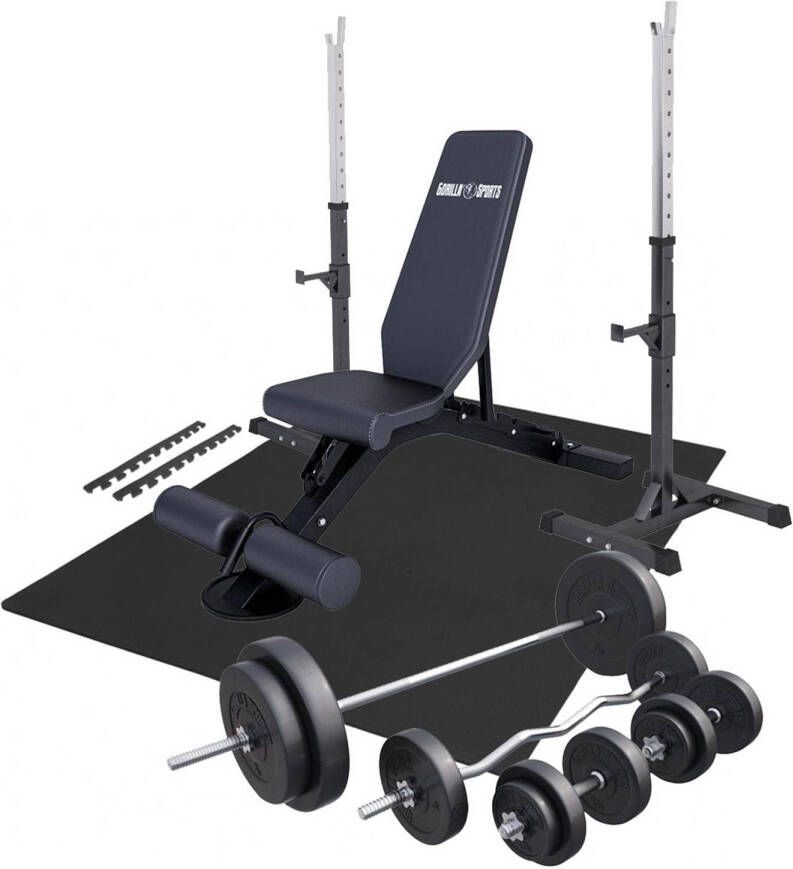 Gorilla Sports Fitnessbank Met Gewichten 100 kg Squat rack Puzzelmat Complete Set Kunststof