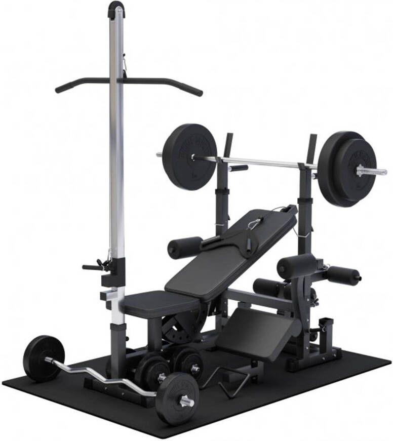 Gorilla Sports Fitnessbank Zwart Met Gewichten 100 kg Lat Pulley Puzzelmat Complete Set Kunststof