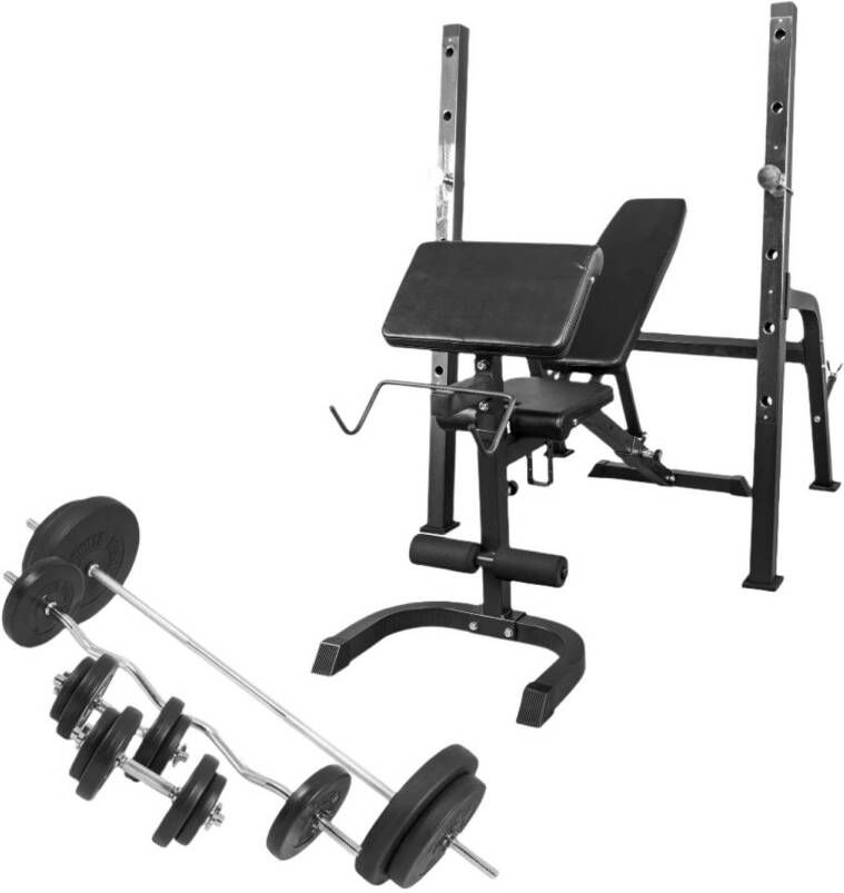 Gorilla Sports Halterbank met Squat Rack + 100 kg set Halterstang met gewichten Zwart 30 mm