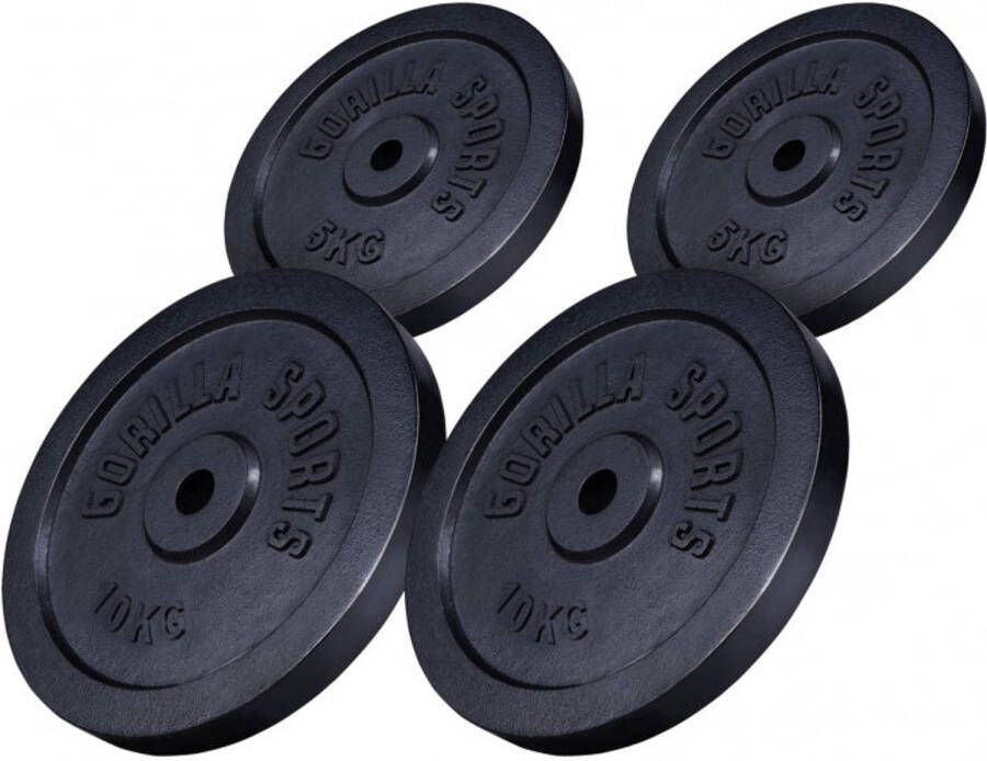 Gorilla Sports Halterschijven 30 kg 2x5 & 2x10 kg Gietijzer Zwart 30 mm