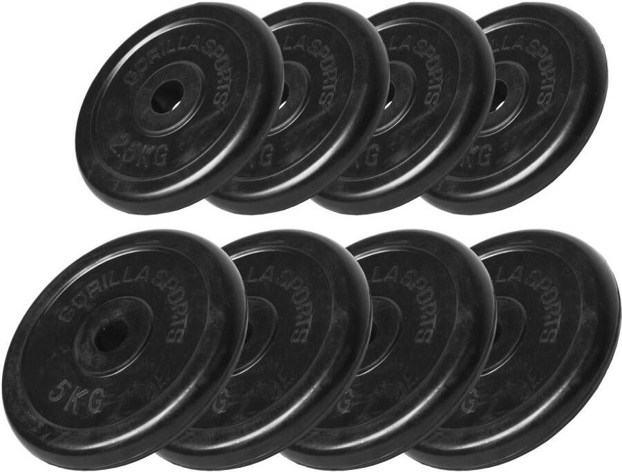 Gorilla Sports Halterschijven set 30 kg 4 x 2 5 en 4 x 5 kg Gietijzer Rubber 30 mm