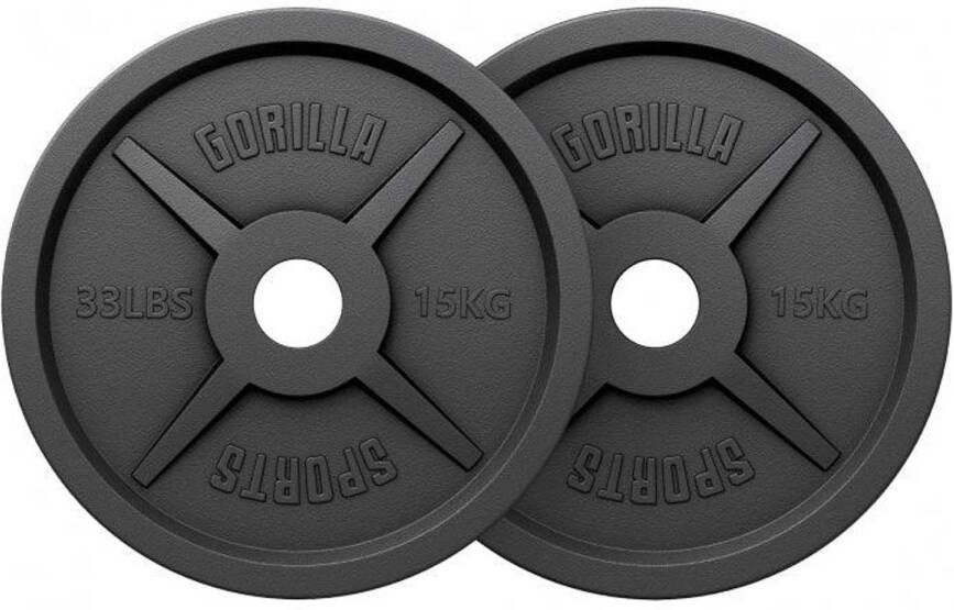 Gorilla Sports Halterschijven Set Bundel 30 kg (2 x 15 kg) Gietijzer Zwart 50 mm