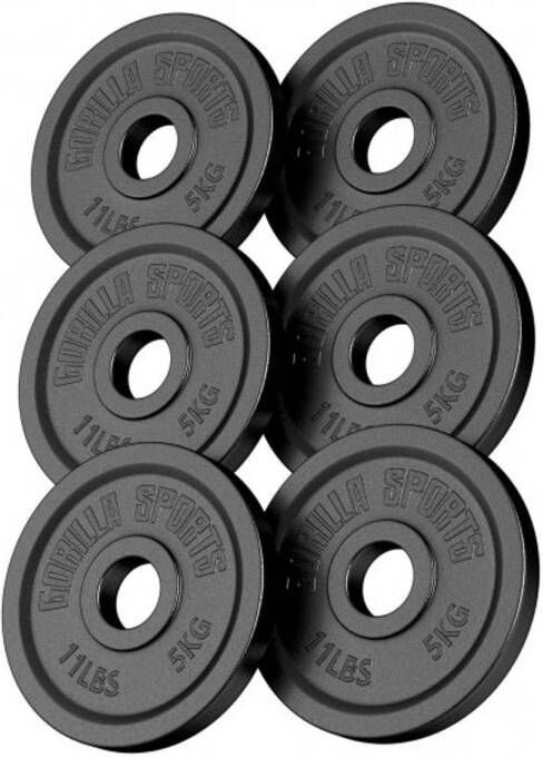 Gorilla Sports Halterschijven Set Bundel 30 kg (6 x 5 kg) Gietijzer Zwart 50 mm