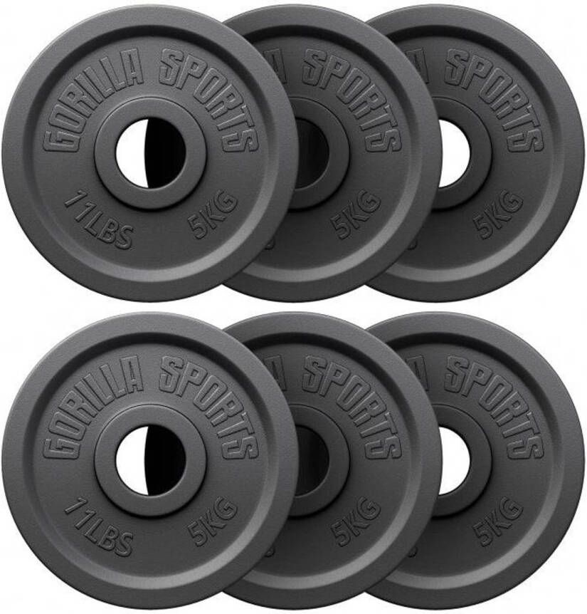 Gorilla Sports Halterschijven Set Bundel 30 kg (6 x 5 kg) Gietijzer Zwart 50 mm