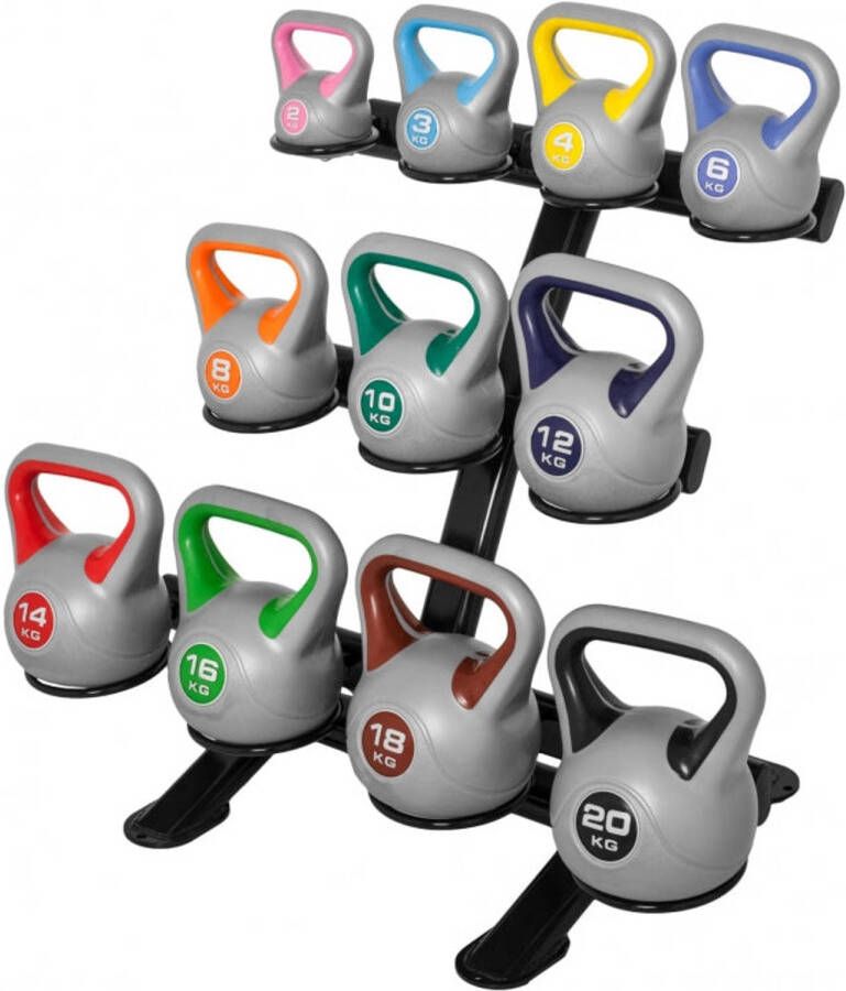 Gorilla Sports Complete set Kettlebells 113 kg met Standaard 11 Kettlebells Opbergrek