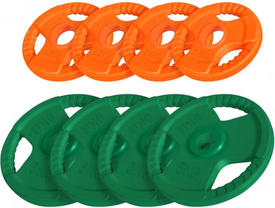 Gorilla Sports Voordeelbundel Olympische halterschijven 4 x 2 5 + 4 x 5 kg Gripper Gietijzer Rubber Coating 50 mm