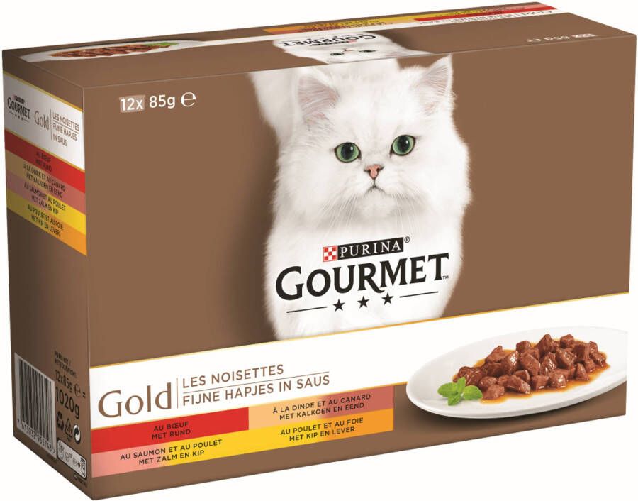 Gourmetmaxx Gourmet Gold fijne hapjes in saus met rund kalkoen en eend zalm en kip of kip en lever 12 x 85g kattenvoer