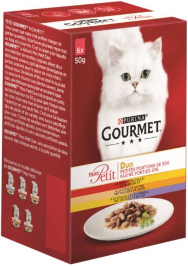 Gourmetmaxx Gourmet Mon petit duo kleine porties met rund en kip met kalkoen en lever met gevogelte en lam 6x50g kattenvoer