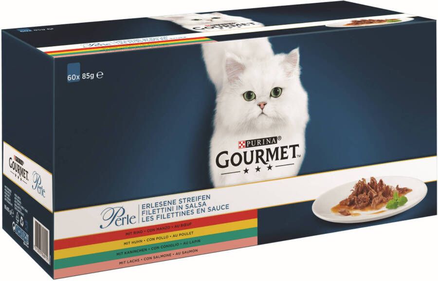 Gourmetmaxx Gourmet Perle mini filets in saus met kip met rund met konijn met zalm 60x85g kattenvoer