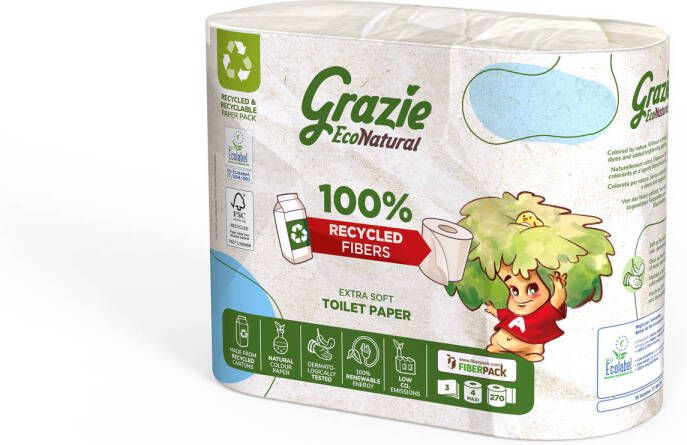 Grazie Natural 3-laags Toiletpapier Recycled Drankkarton Vrij van Bleek Zachtheid Sterkte Ecolabel