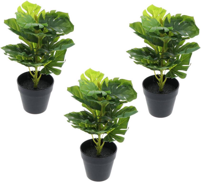 Merkloos Greendream set van 3 mini Monstera Gatenplant Kunstplanten 30 cm