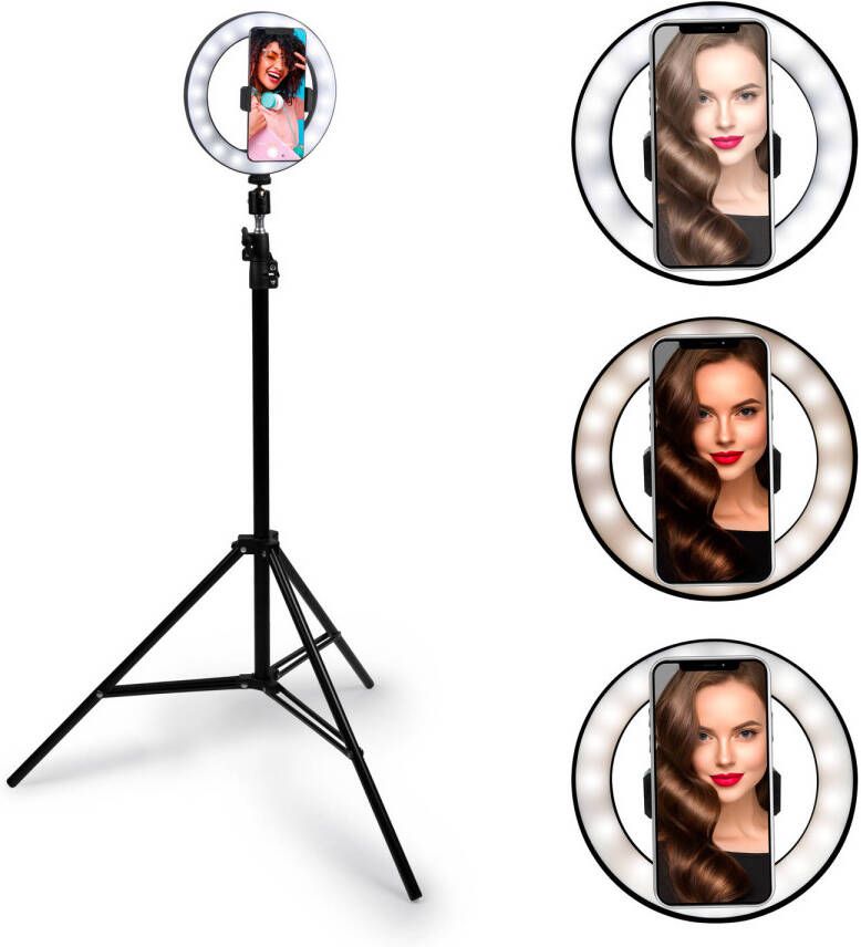 Grundig Selfie Ringlamp met Statief 210 cm 3 Warmte- en Lichtstanden USB Ringlicht voor Smartphone